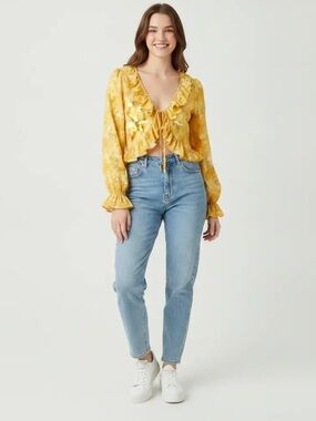 Zara Yellow Floral Ruffle Tie-Front Blouse